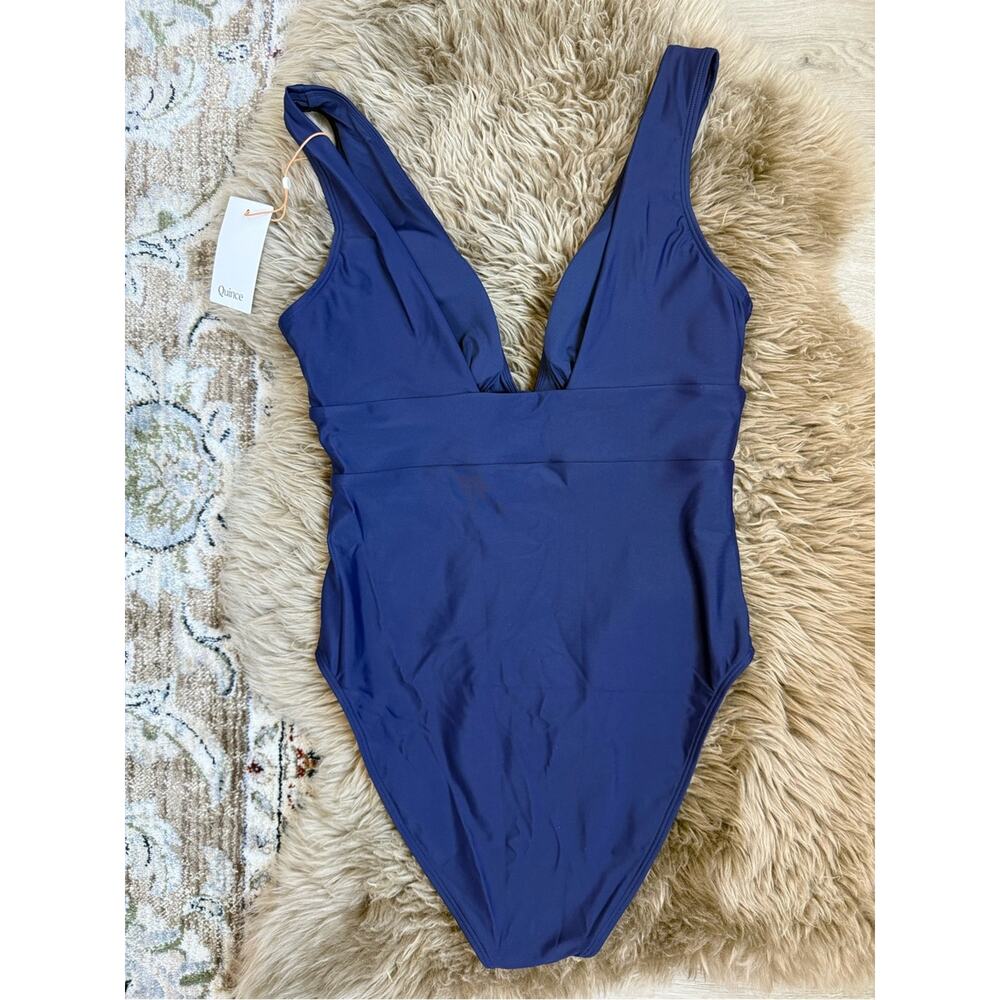 NEW Quince Italian Plunge One Piece Swimsuit Deep Navy Blue Medium Bathing Suit - Picture 7 of 8